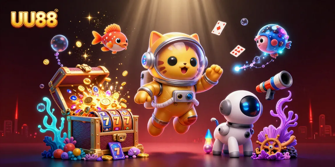 Engage with UU88's space-themed casino adventure featuring cartoon characters and slot elements.