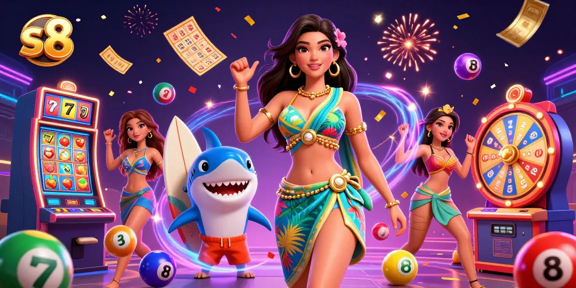 Experience the excitement of s8 with vibrant slot machines and thrilling games around a beach goddess and cartoon shark.