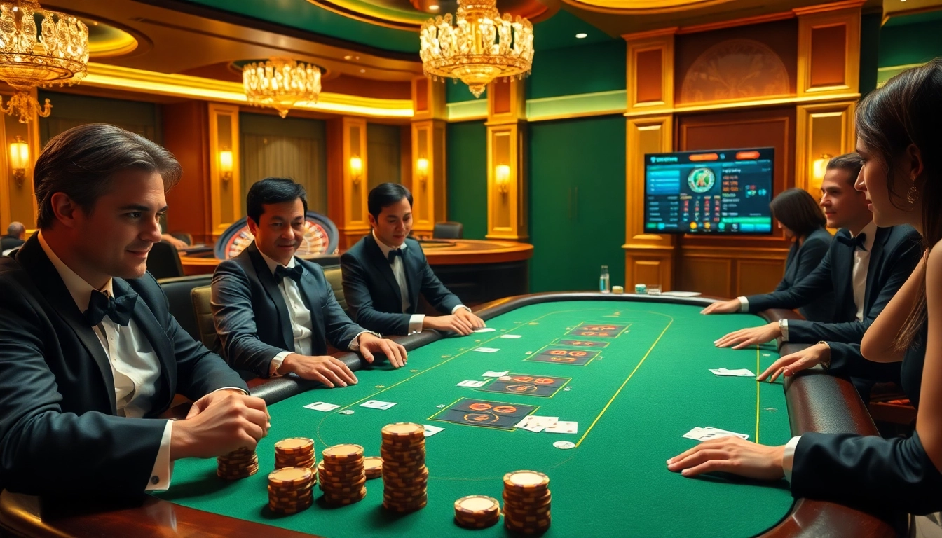 Experience excitement at the poker table in a luxurious casino setting on https://lucky88.faith/, featuring stylish players and vibrant chips.