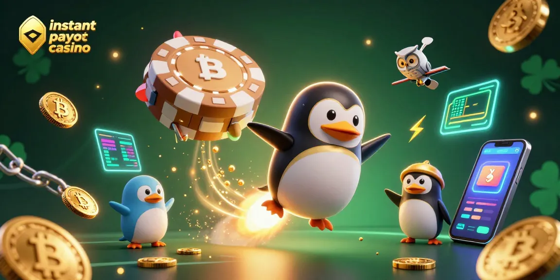 Experience thrilling action at an instant payout casino with a rocket penguin taking flight in a vibrant cosmic scene.