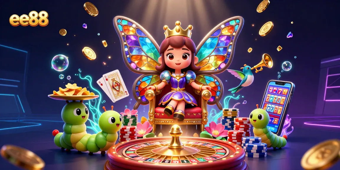 Engage in thrilling gaming with ee88 as a colorful butterfly queen presides over a vibrant casino scene.