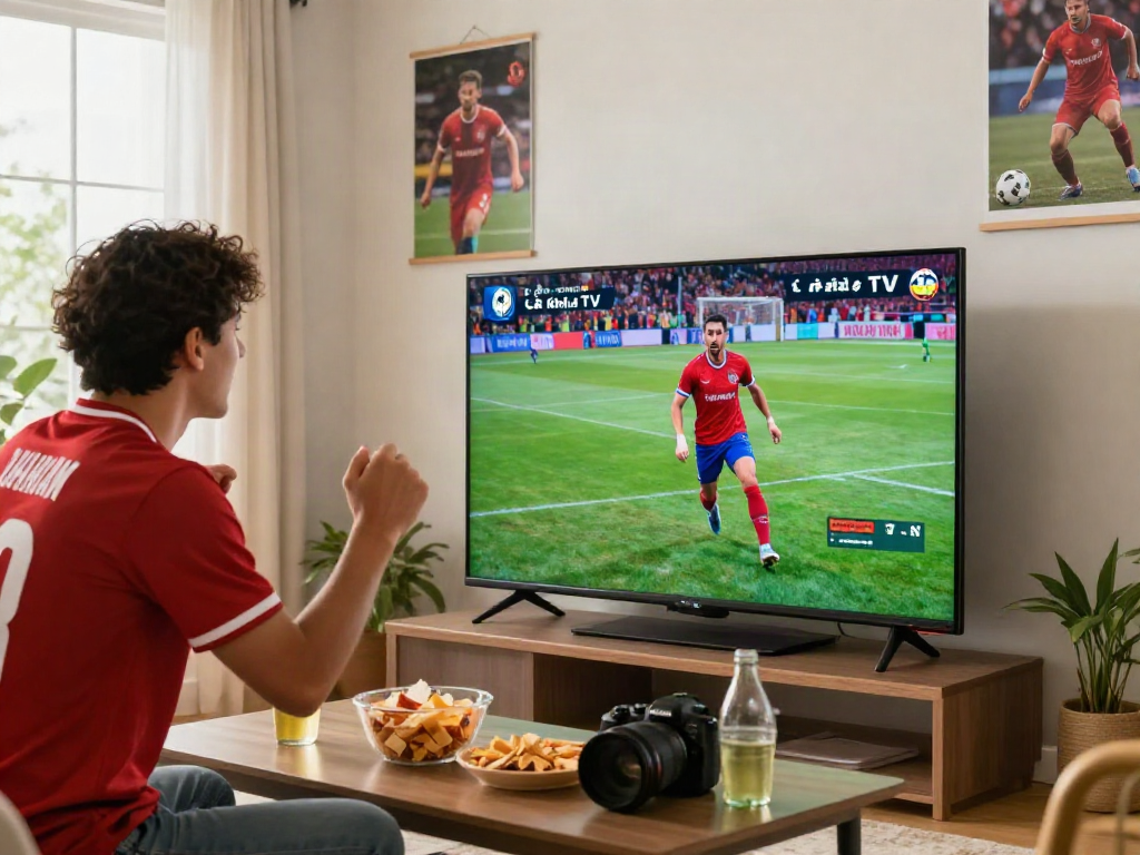 Excited football fan enjoying a live Cà Khịa TV broadcast at home with snacks and TV sports decor.