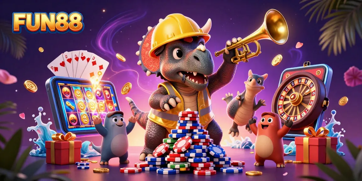Celebrate fun at FUN88 with lively characters building poker chip pyramids and gaming elements!