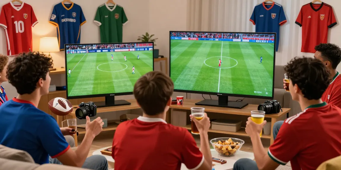 Fan engaging with xôi lạc tv while watching a football match with friends, surrounded by snacks and team memorabilia.