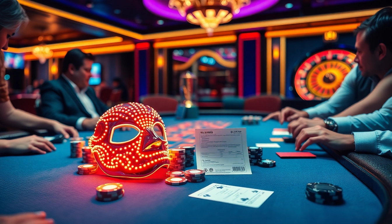 Enhance your gaming strategy with an ir mask beside poker chips and cards in a luxurious casino.