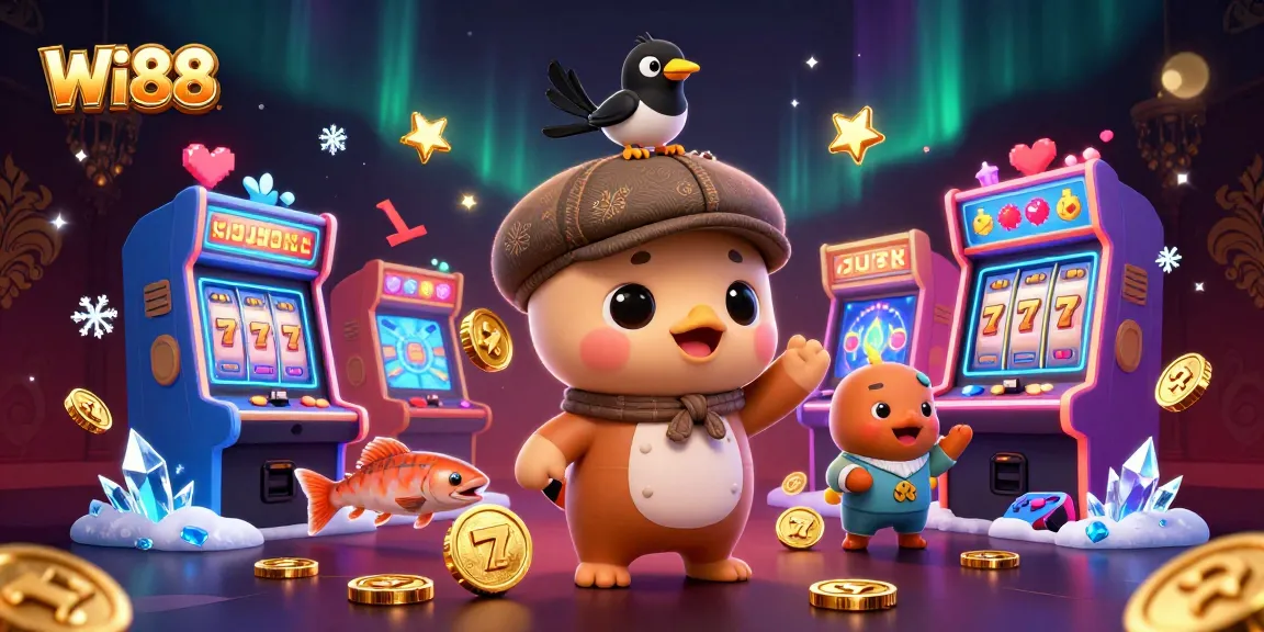 Experience thrilling slots and jackpots with Wi88 in a vibrant 3D cartoon scene of Nessie and friends.