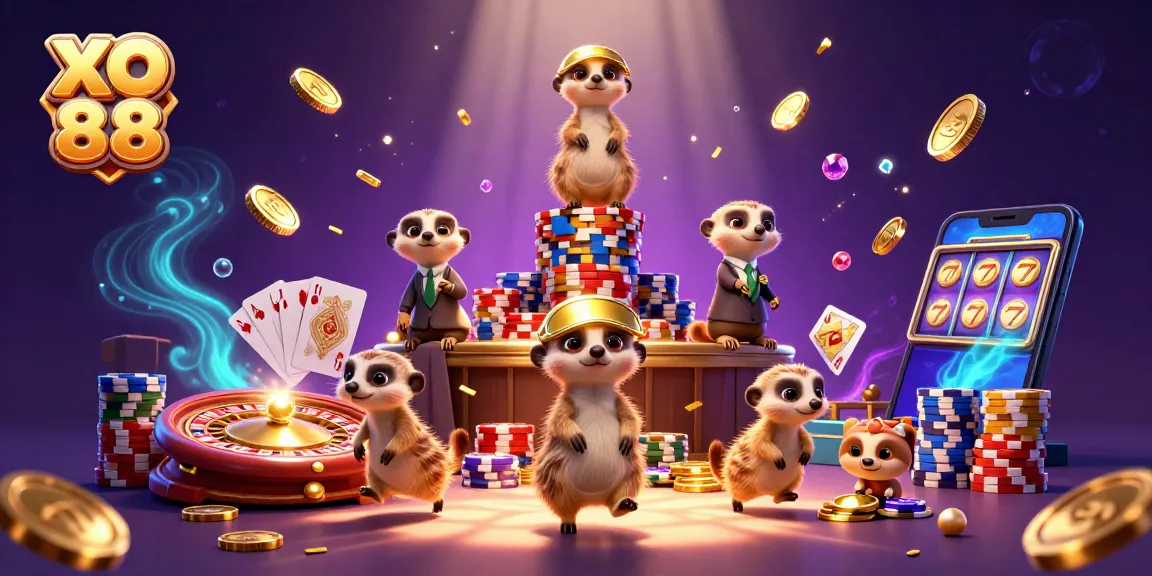 Experience thrilling gaming at XO 88 with meerkats in a vibrant casino scene.