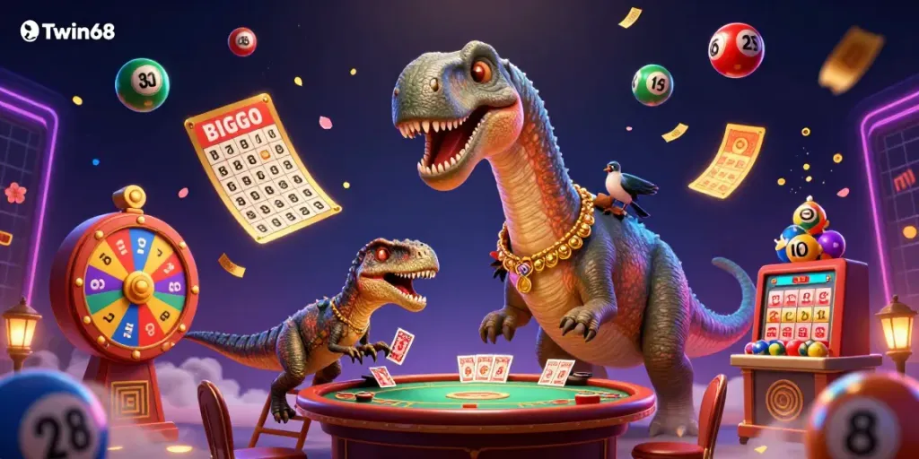 Twin68 celebrates dynamic gaming with a whimsical scene of a brontosaurus and raptor amidst colorful lottery elements.