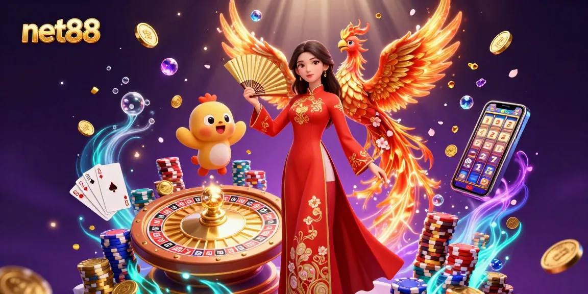 Engage with net88's vibrant casino scene featuring a 3D phoenix, elegant woman, and casino elements.