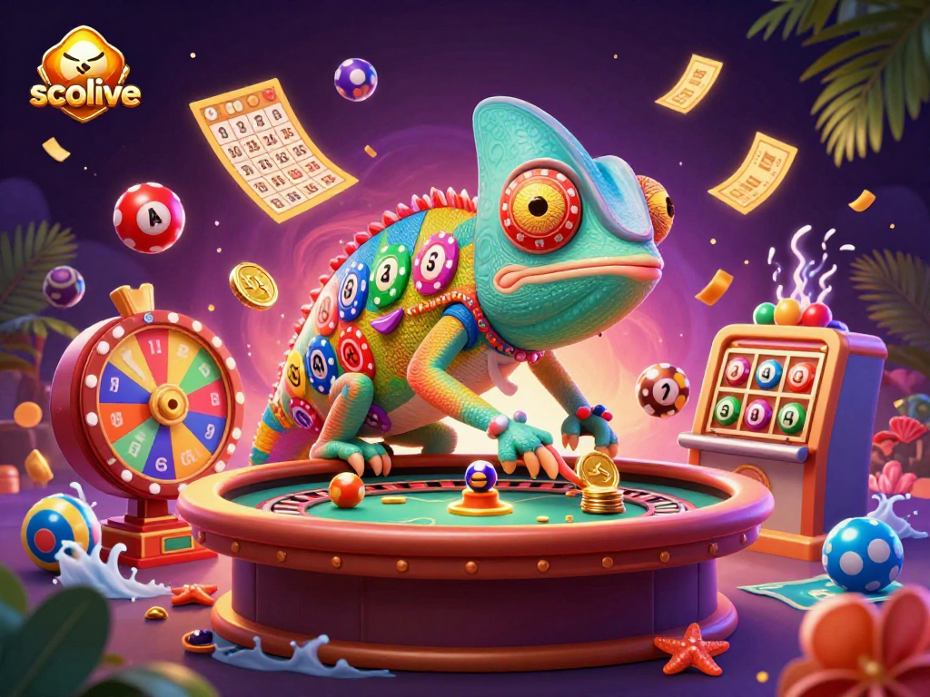 Engage in thrilling gambling action at socolive with vibrant casino elements and a playful chameleon character.