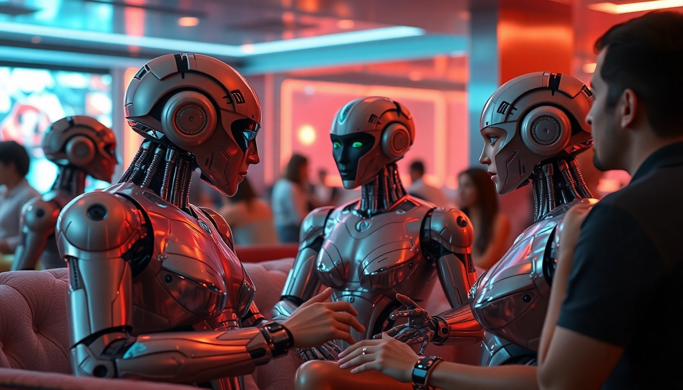 Futuristic scene depicting humanoid sex bots interacting with people in a modern lounge, showcasing advanced technology.