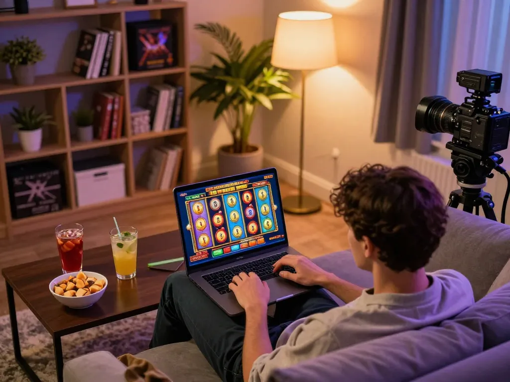 Nohu player enjoying an exciting slot game on a laptop at home, balancing comfort and entertainment.