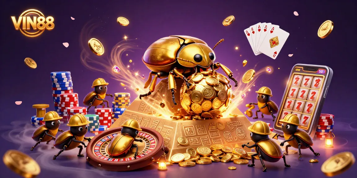 Experience the excitement of VIN88 with a vibrant 3D casino scene filled with golden coins and thrilling games.
