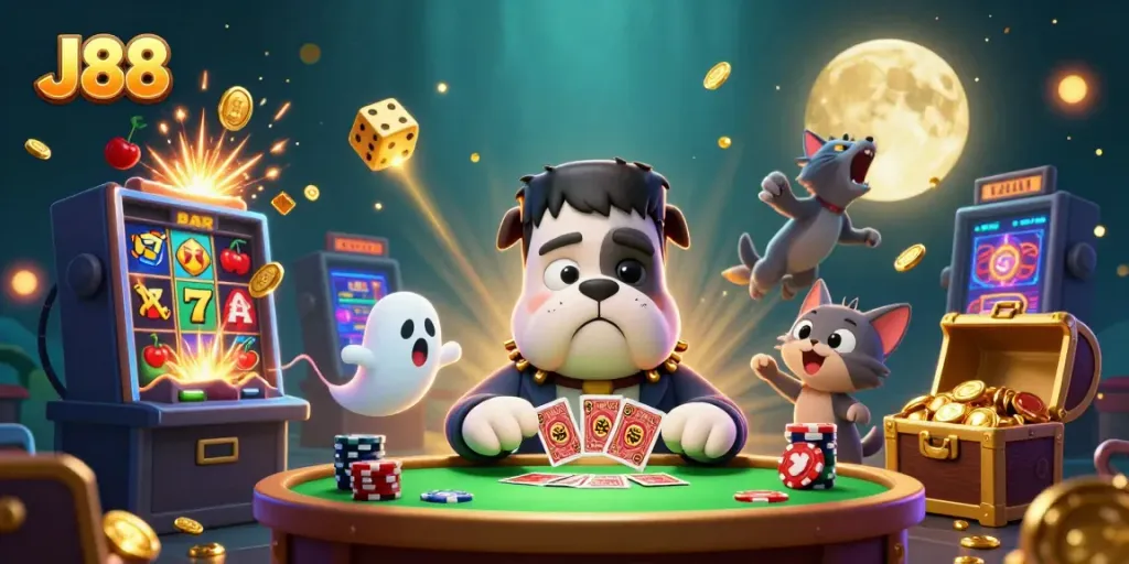Engage with J88's thrilling casino atmosphere as a Frankenstein bulldog deals cards amidst vibrant gaming elements.