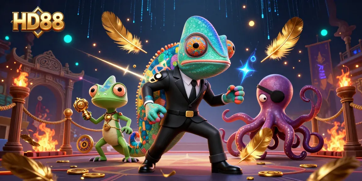 Experience excitement with HD88 as colorful chameleon and tech-savvy gecko spin casino thrills.