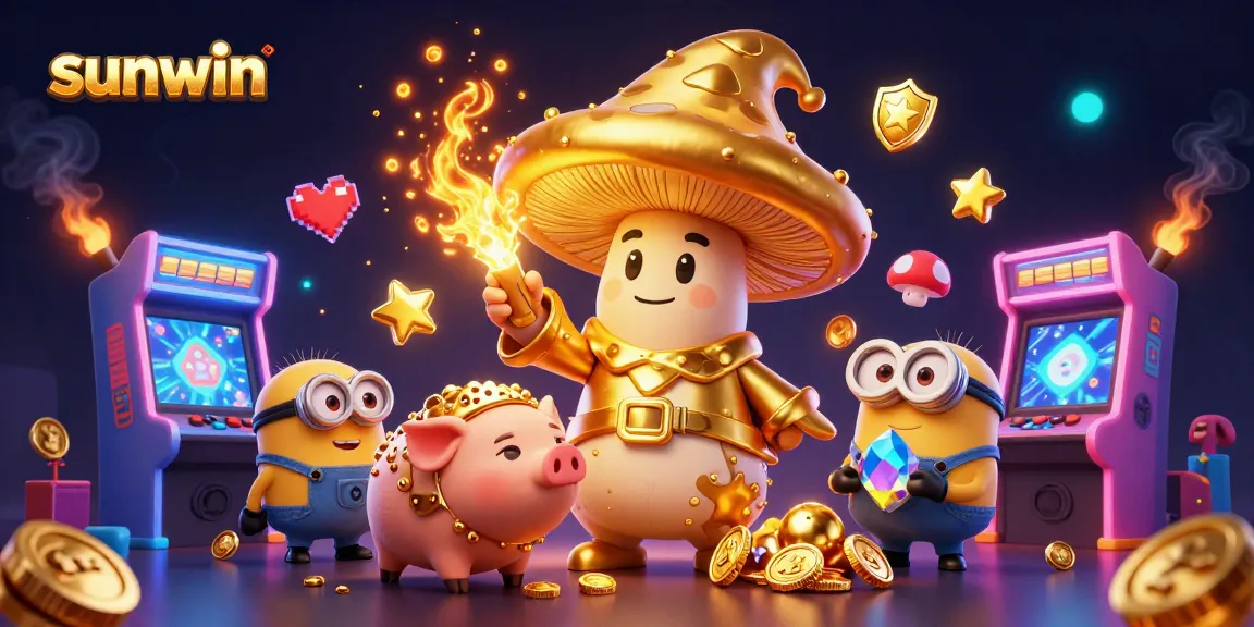 Win big with sunwin's colorful casino games featuring magical characters and glowing arcade elements.