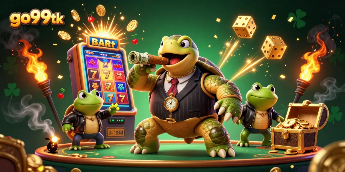 Engage with go99tk's thrilling 3D casino world featuring a turtle and bullfrogs amidst dynamic slot elements.