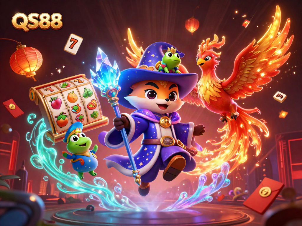 Engage with QS88's vibrant 3D illustration showcasing thrilling slot action and magical characters.