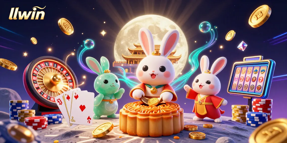 Experience thrilling gaming at llwin with a vibrant illustration showcasing a moon rabbit surrounded by casino treasures.