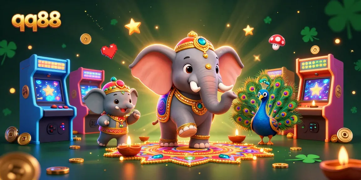 Experience the thrill of qq88 gaming with a vibrant 3D casino illustration featuring a Diwali-themed elephant.