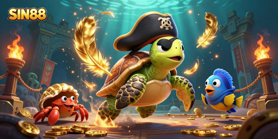SIN88 pirate turtle and friends uncovering gambling treasures with exciting visuals.