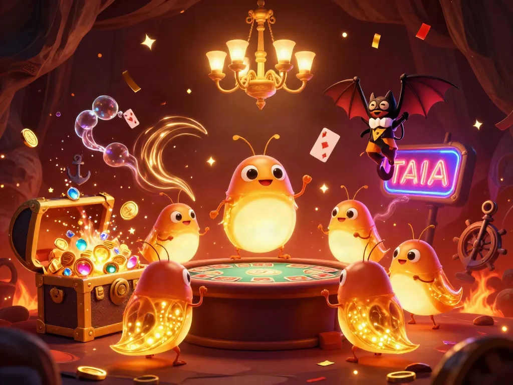 Experience exciting betting uden dansk licens in a vibrant casino atmosphere with glowworms and a bat dealer.