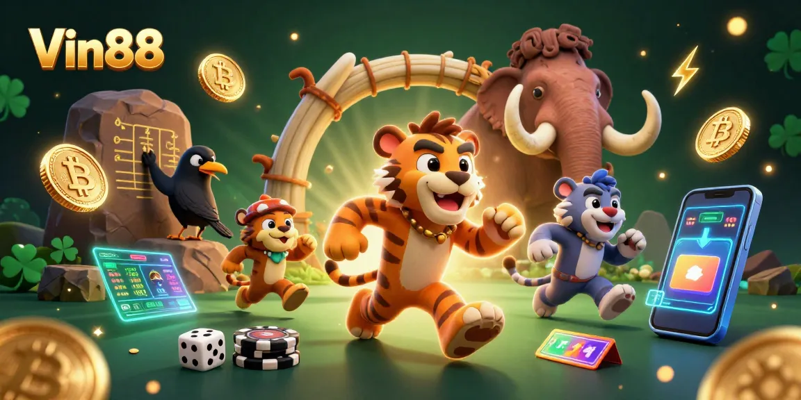 Experience the thrill of Vin88, where prehistoric characters engage in exciting casino action with vibrant game elements.