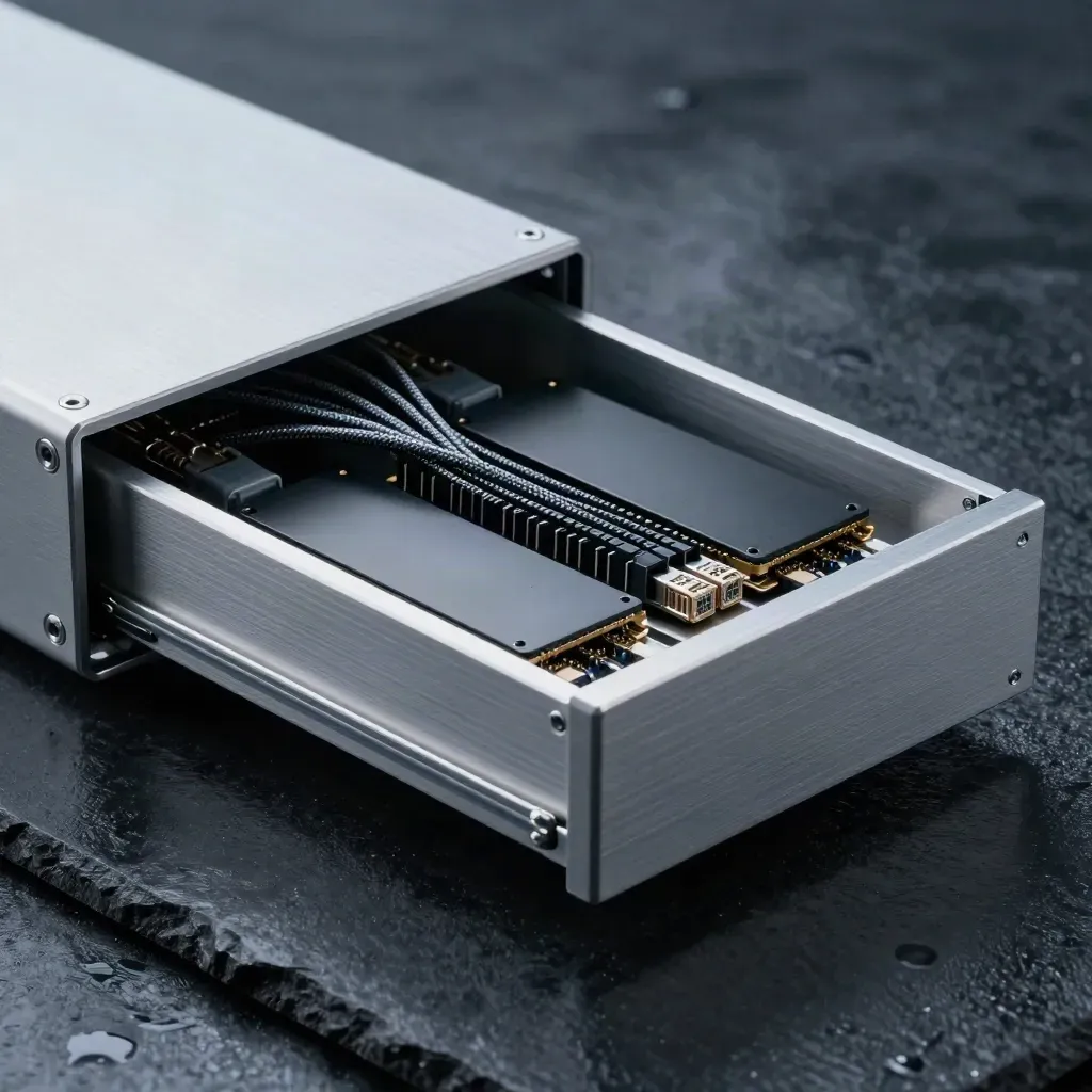 Serverchassi med kablar och SSD-enheter på mörk basalt, dramatisk ljussättning.