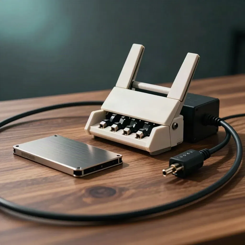 Router, SSD, adapter och strömkabel på valnöt med mjukt skuggspel.