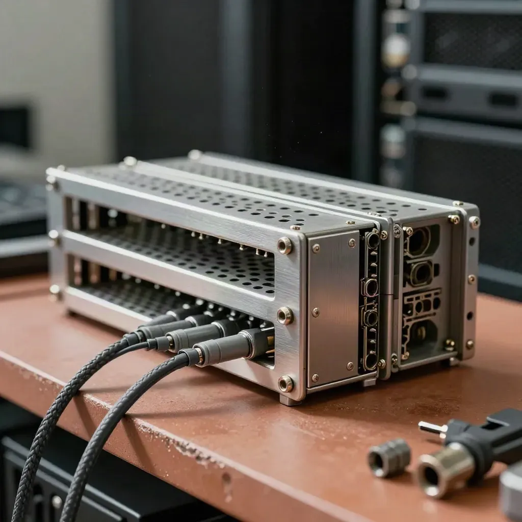 Rackmoduler och patchkablar i mjukt ljus mot mörk bokeh.