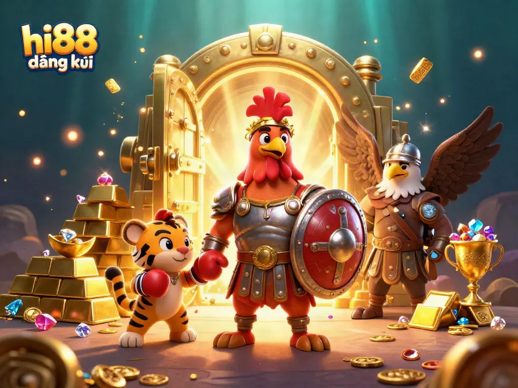 Engage with hi88 đăng ký in a vibrant 3D scene featuring adventurous gladiator characters and rich casino elements.