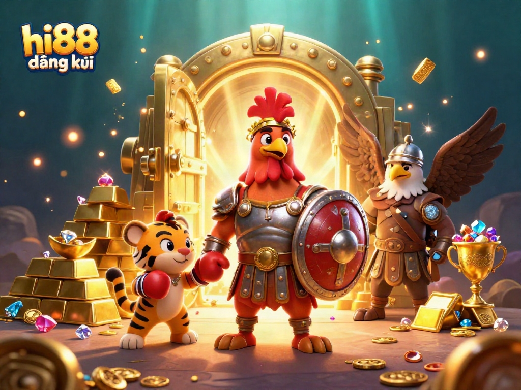 Engage with hi88 đăng ký in a vibrant 3D scene featuring adventurous gladiator characters and rich casino elements.