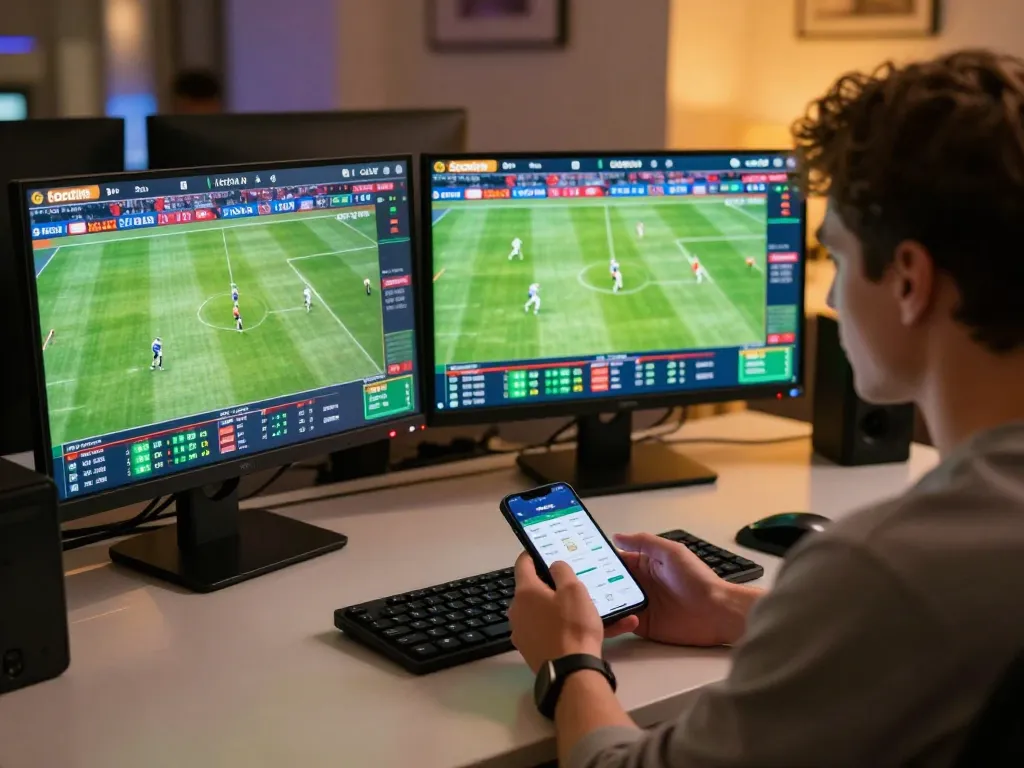 Socolive live football betting setup with multiple screens showcasing real-time match updates and odds