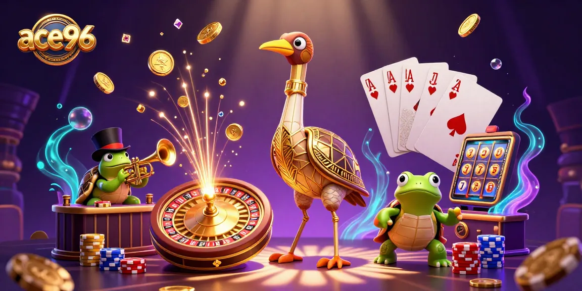 Experience the excitement at ace96 with a vibrant 3D casino scene showcasing games and fun!