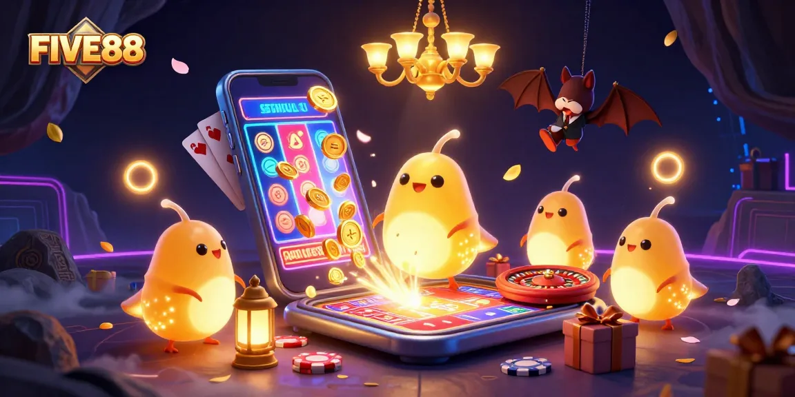 Engage with FIVE88's vibrant cave casino illuminated by glowworms, featuring dynamic slot games and a bat dealer.