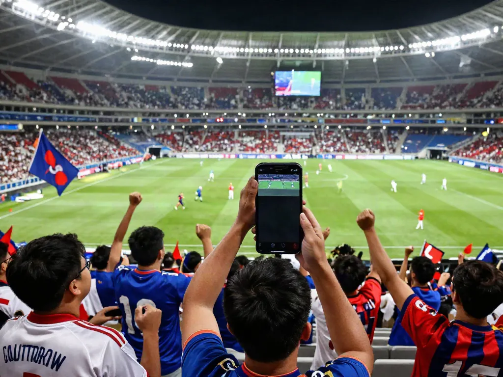 Excited football fans enjoying the live match on the XoilacTV app at the stadium.