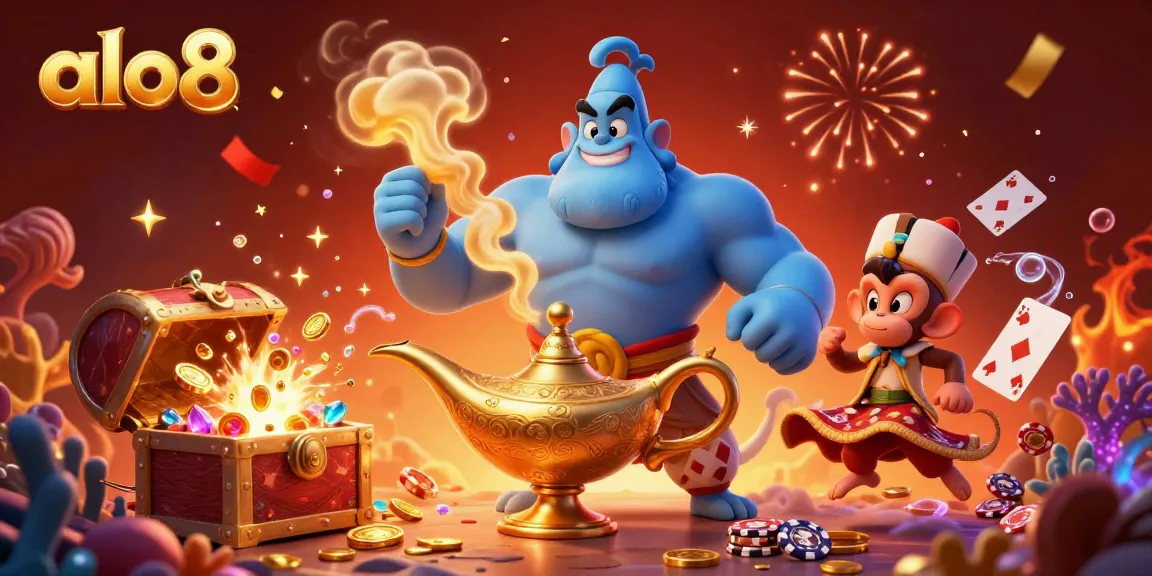 Alo8 captures the excitement of online gambling with a genie, monkey, and poker chips in a celebratory casino scene.