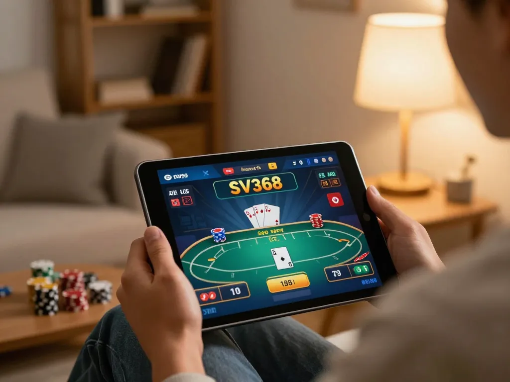 Person engaging in online gambling on SV368 while relaxing at home.
