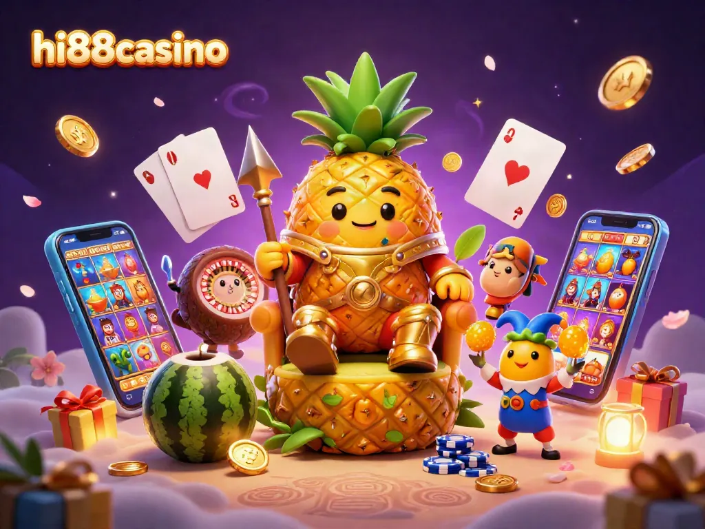 Engage with hi88casino through this vibrant scene featuring a golden pineapple king overseeing an exciting beach casino environment with diverse gaming elements.