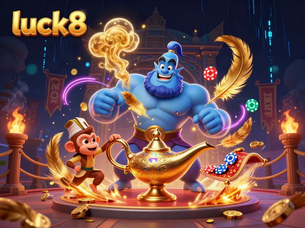 Join the excitement at luck8 with a magical scene of a genie, monkey, and casino elements.