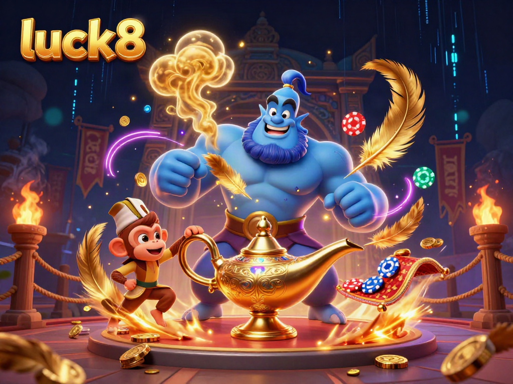 Join the excitement at luck8 with a magical scene of a genie, monkey, and casino elements.