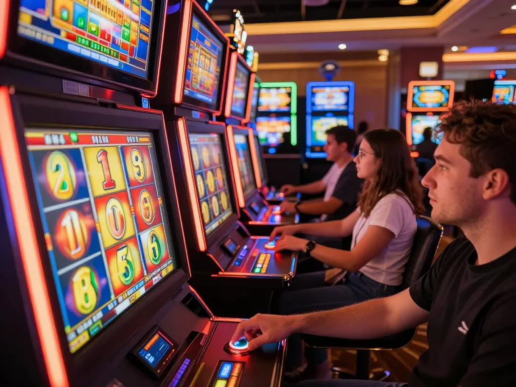 alo8 players enjoying the thrill of winning on colorful slot machines in a vibrant casino atmosphere