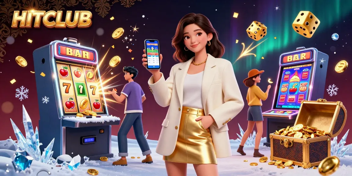 HITCLUB showcases an engaging scene with a beautiful Asian woman holding a sports betting app, surrounded by casino excitement.