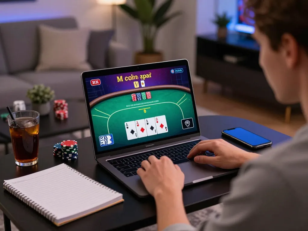Experience exciting gameplay at yo88, user engaged in online poker strategy in a cozy home setting