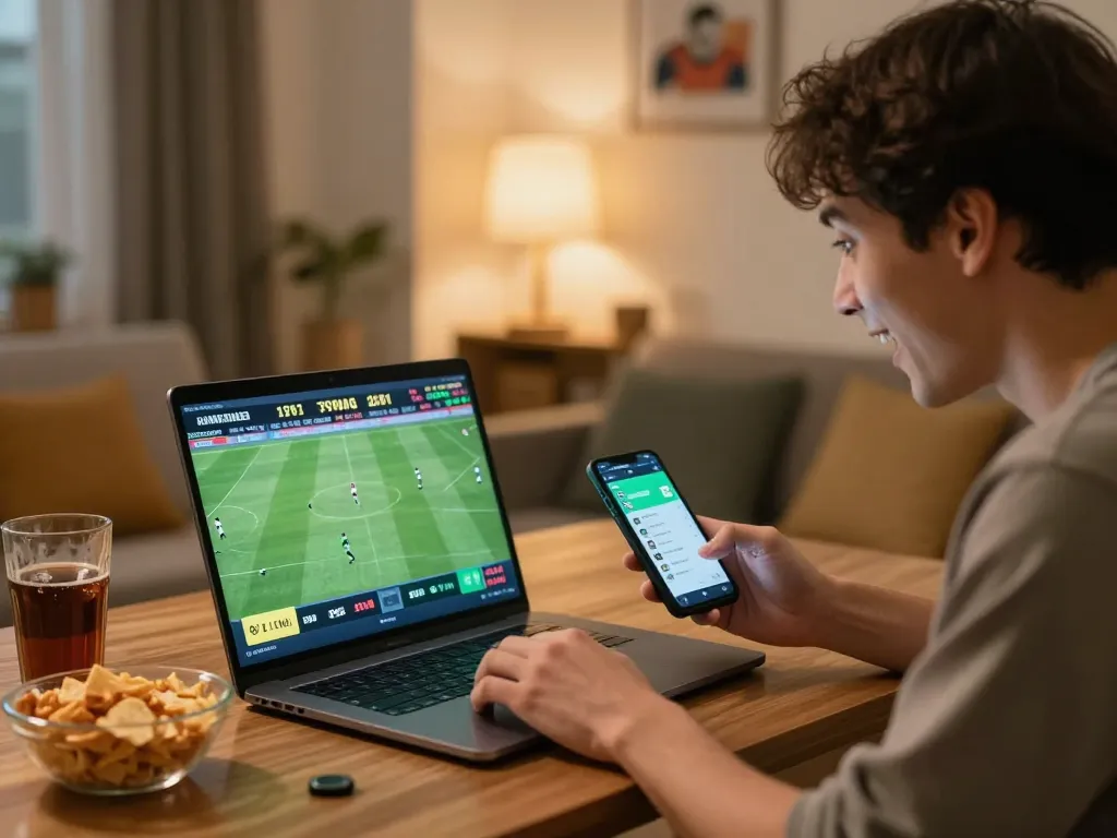 Socolive user placing sports bets online during live football match in cozy home setting.