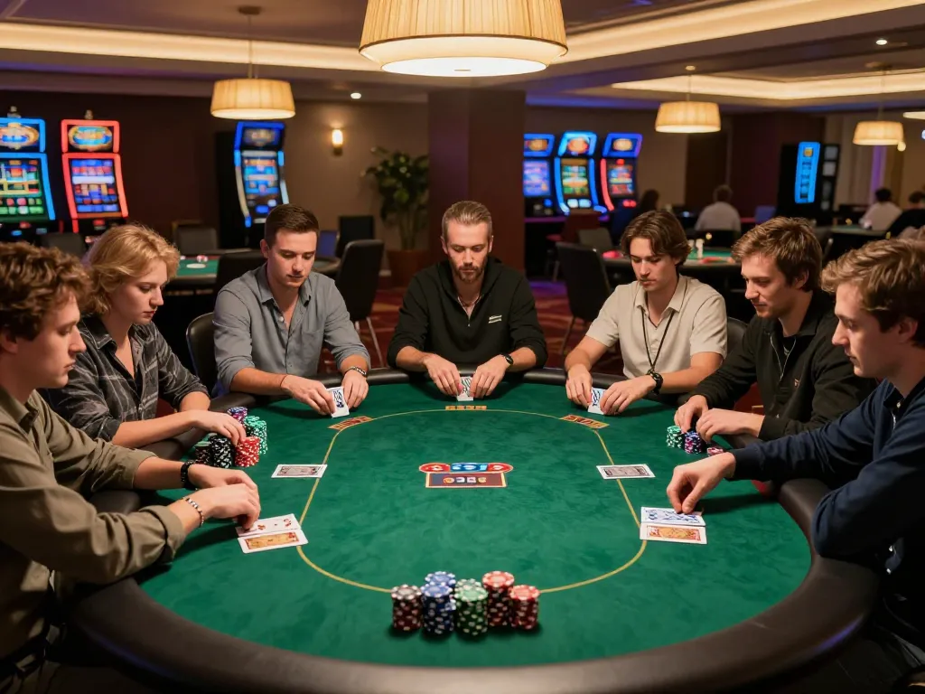 Players enjoying a dynamic poker game at OK365, showcasing strategic gameplay and vibrant casino ambiance.