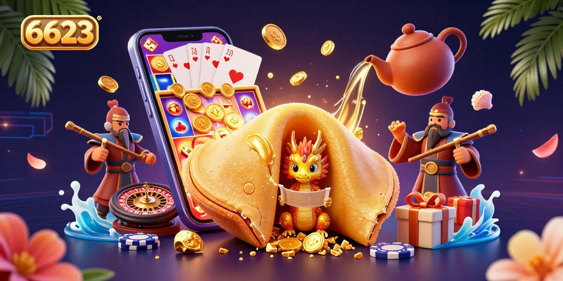Experience winning moments at 6623 with a vibrant illustration of a casino fortune scene, showcasing golden treasures and dynamic game elements.