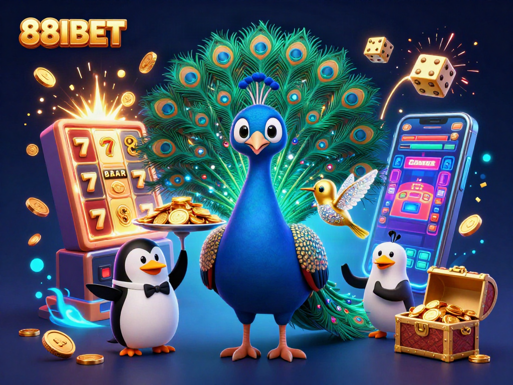 Exciting 88IBET casino scene with a peacock, penguin, and hummingbird amidst spectacular game elements.