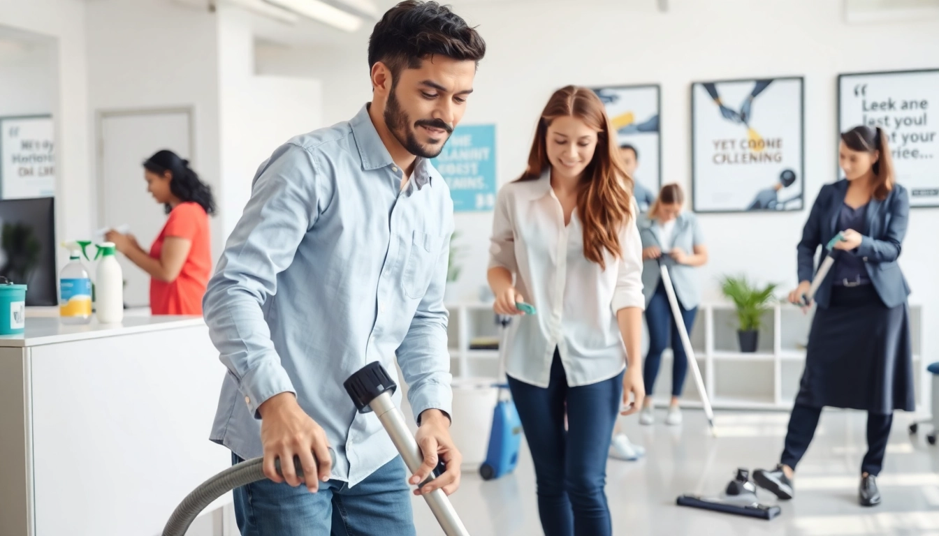 Efficient städning företag team cleaning a modern office environment with professional tools.