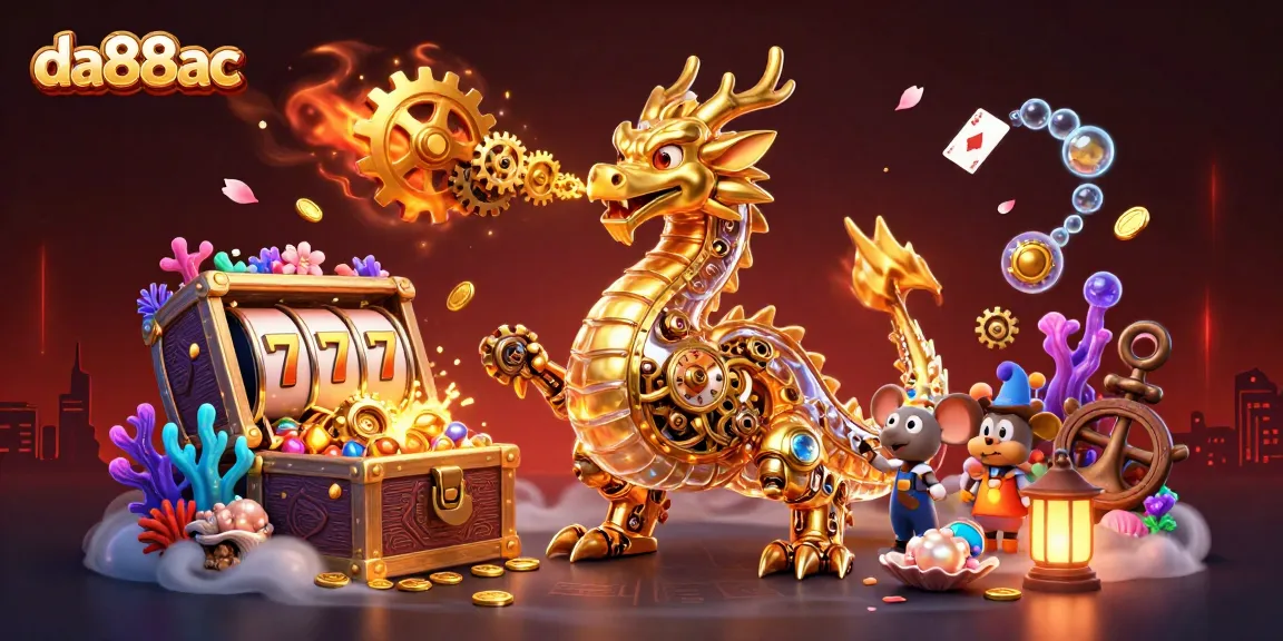 Experience da88ac's thrilling slots gameplay with a mesmerizing golden dragon and exploding treasures.